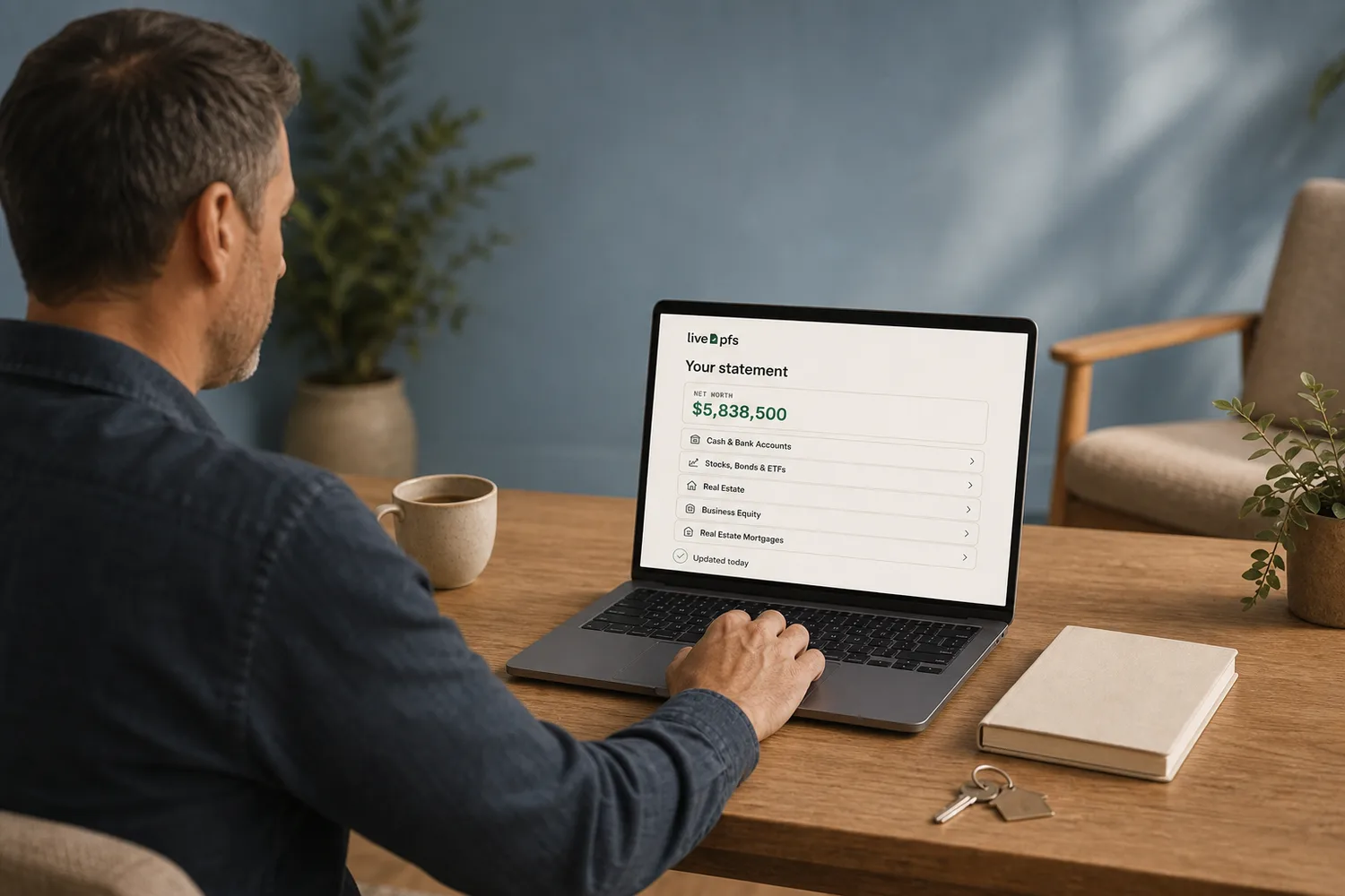 A borrower reviews an illustrative net-worth summary on a laptop at a warm oak desk in morning light — example figures, not customer data