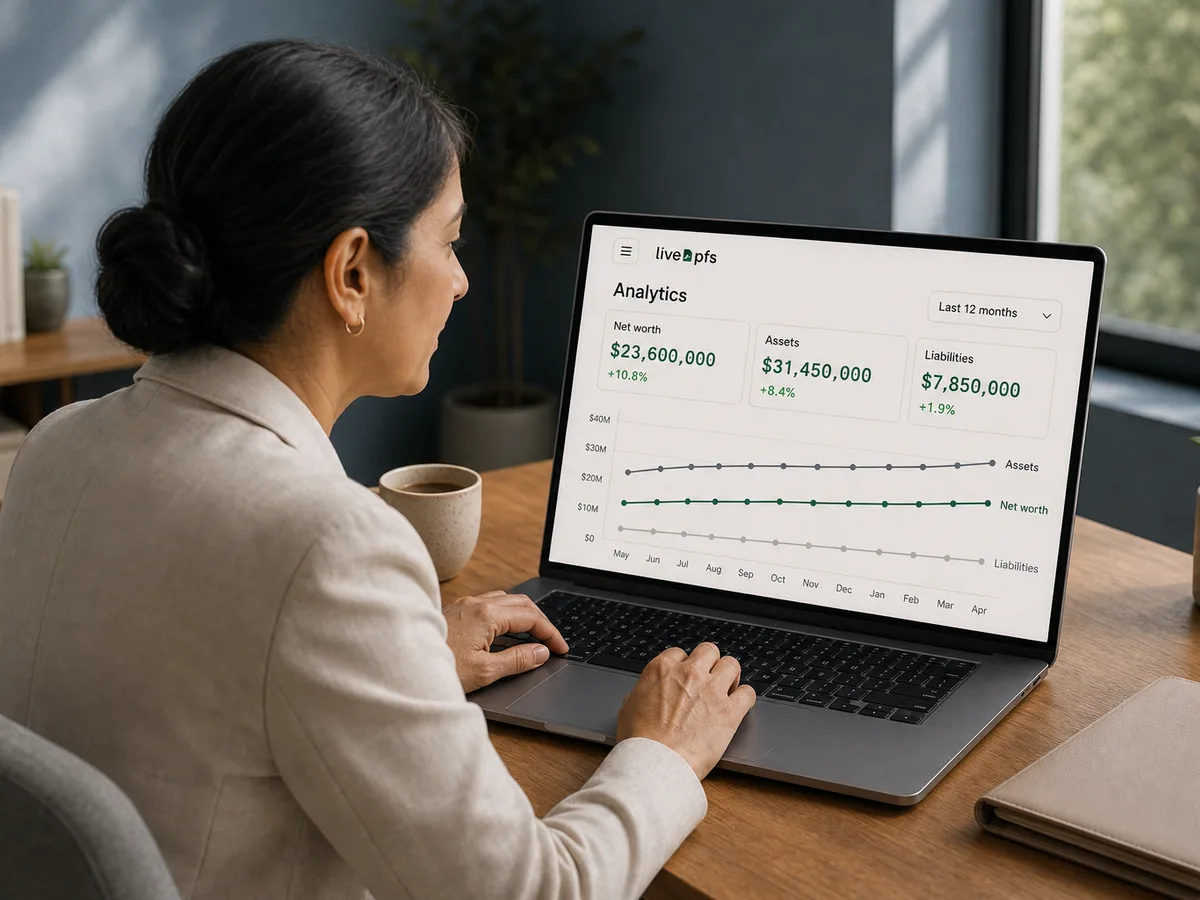 A borrower reviews an illustrative LivePFS analytics view with example net-worth figures and trend lines on a laptop by a bright window