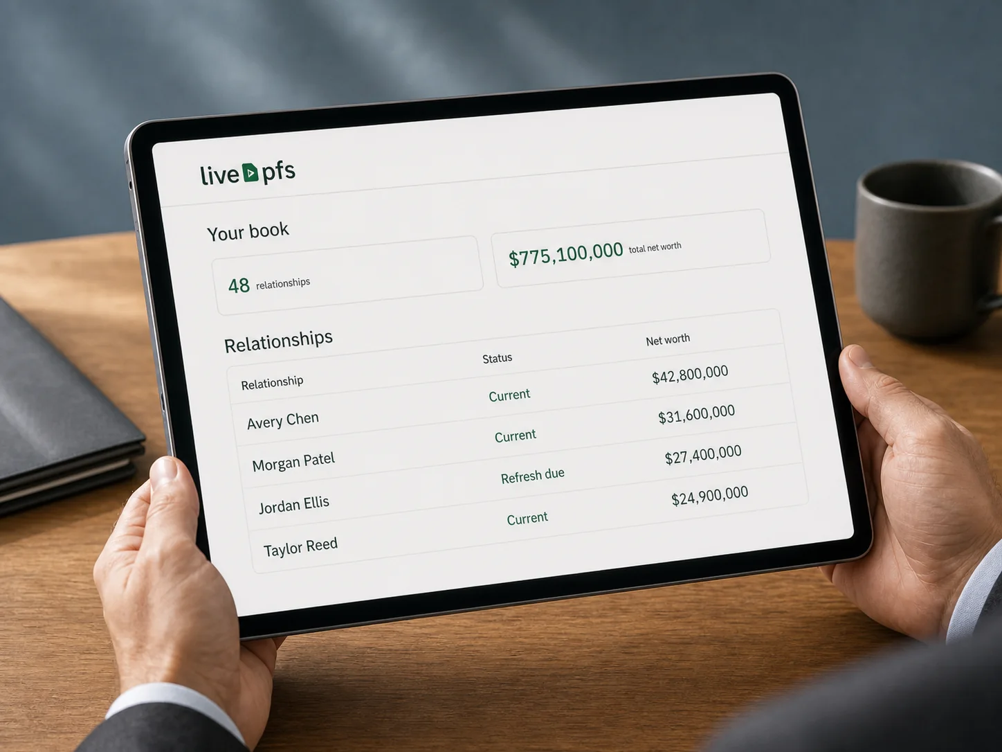 Hands hold a tablet showing an illustrative LivePFS lender book — example relationship rows with names, statuses, and net worths and an example total value, not actual customer data — beside coffee on a warm oak desk