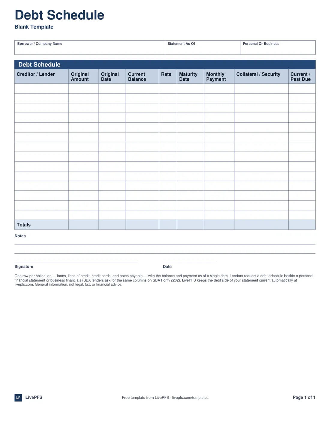 Preview of the Free debt schedule template, page 1 of 1