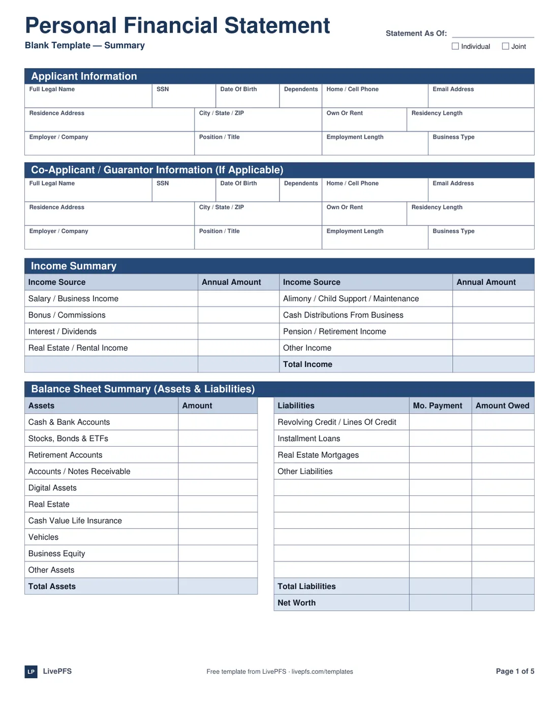 Preview of the personal financial statement template, page 1 of 5